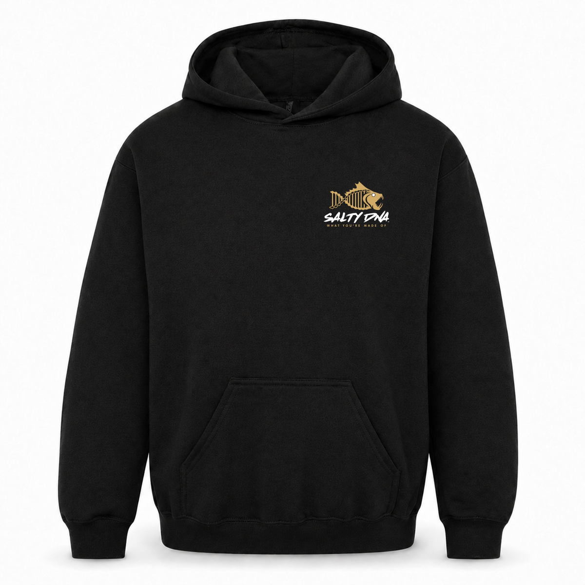 Black Salty DNA Originals youth pullover hoodie, front view with gold and white chest logo