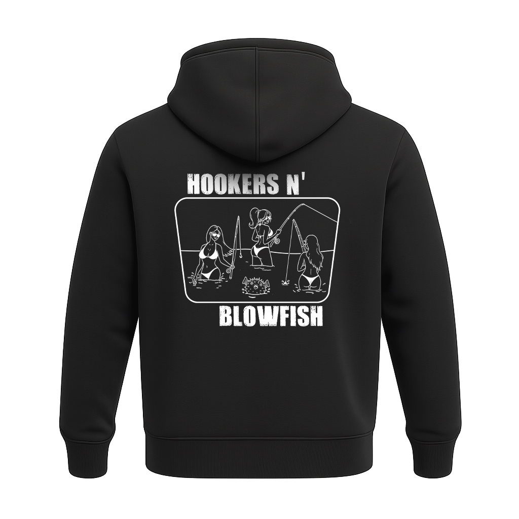 Back of black Salty Girls Hookers n Blowfish hoodie