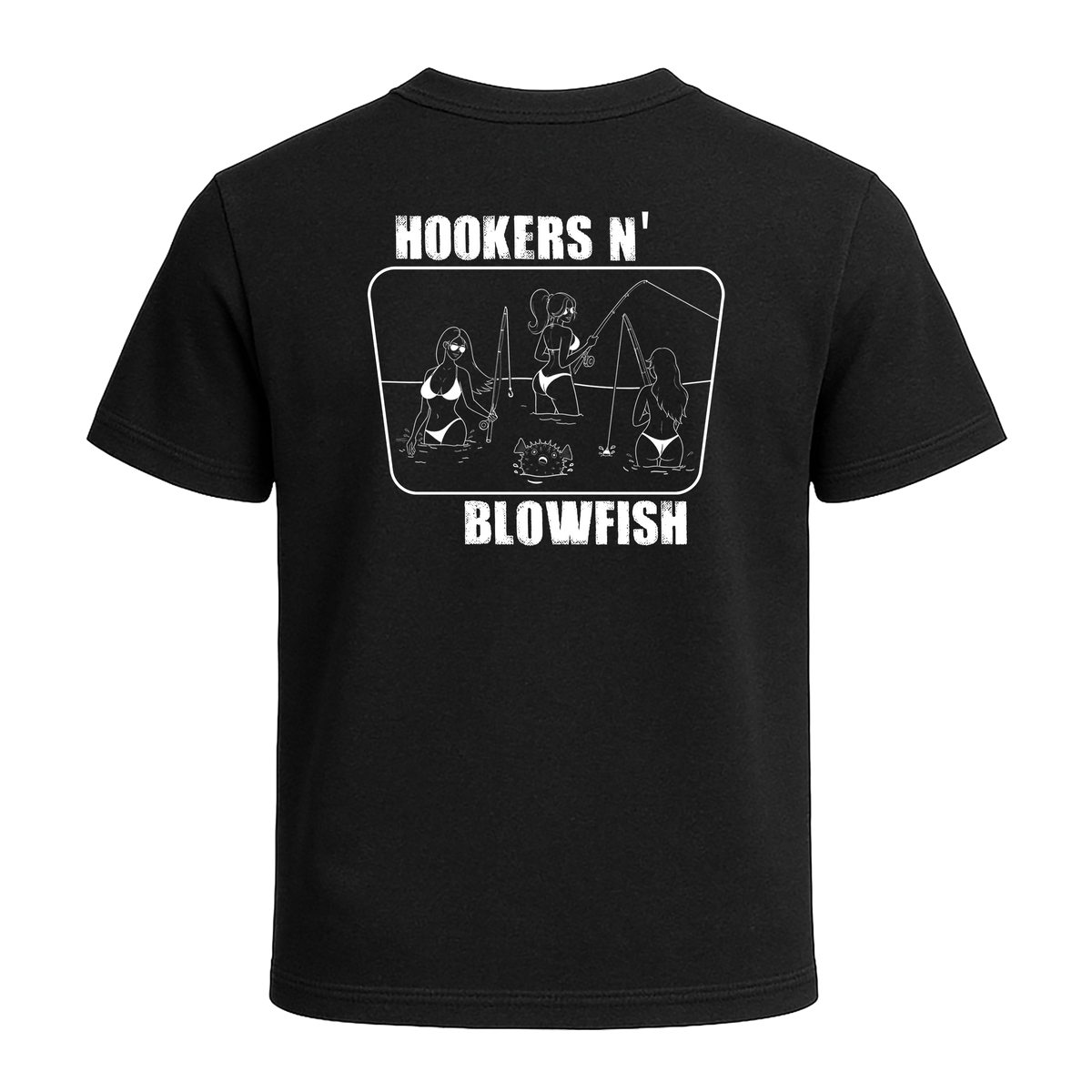 Back of black Salty Girls Hookers n Blowfish T-shirt
