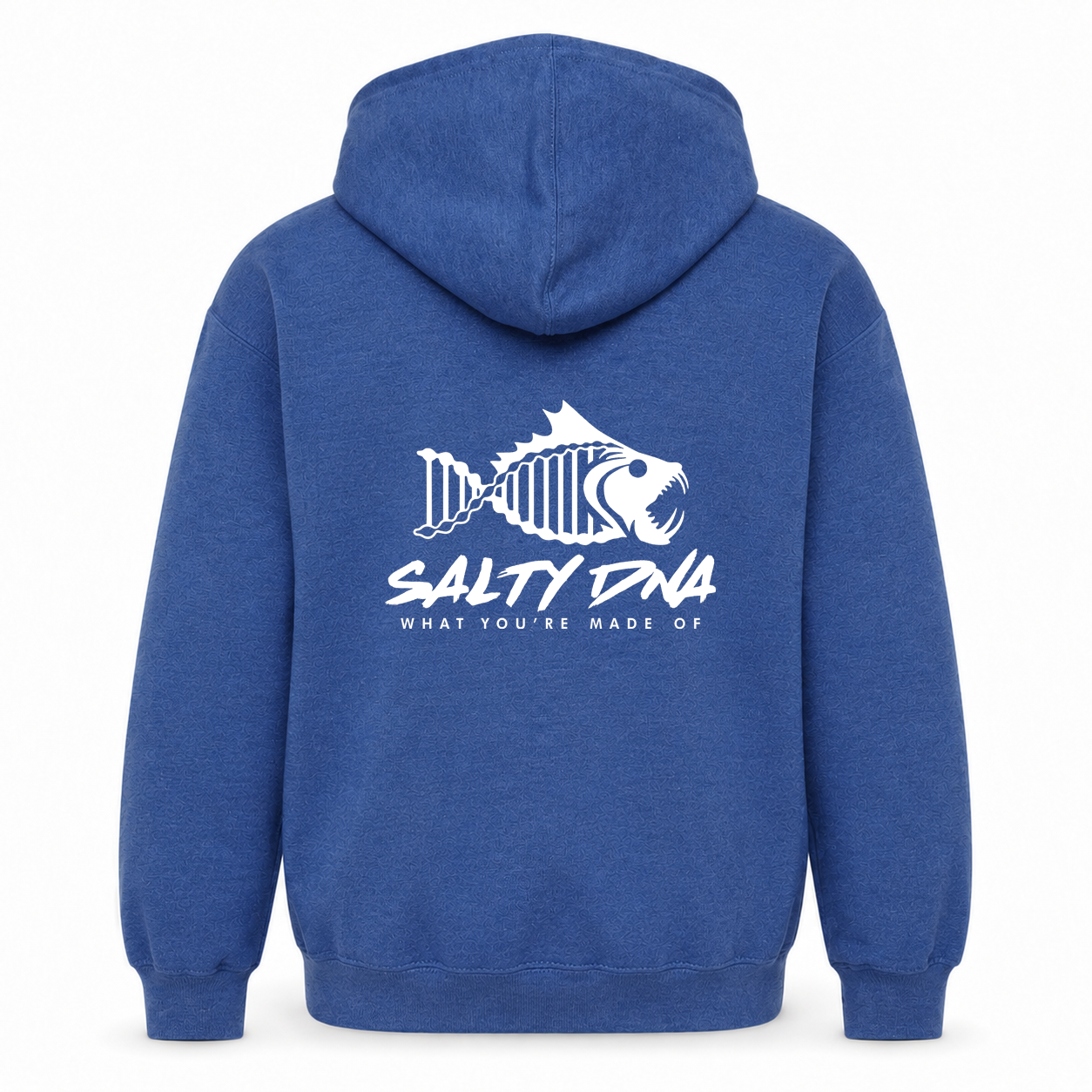 Heather Royal Salty DNA Originals youth pullover hoodie, back view with large white fish-skeleton logo
