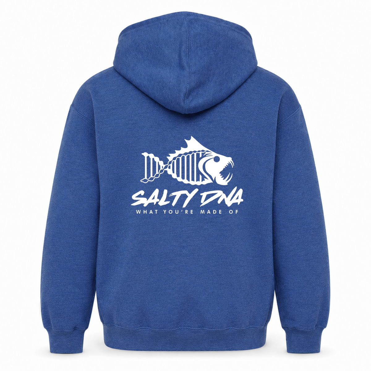 Heather Royal Salty DNA Originals youth pullover hoodie, back view with large white fish-skeleton logo