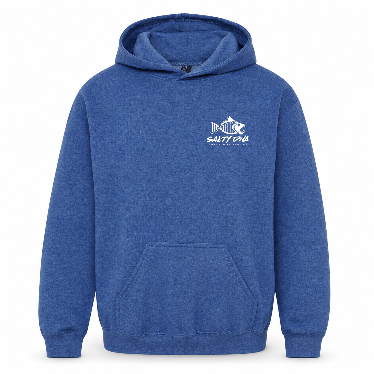 Heather Royal Salty DNA Originals youth pullover hoodie, front view with white chest logo