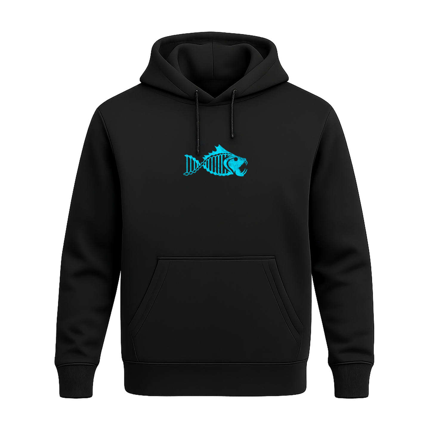 Black Salty DNA Originals Summer Hoodie with neon blue chest logo, front view
