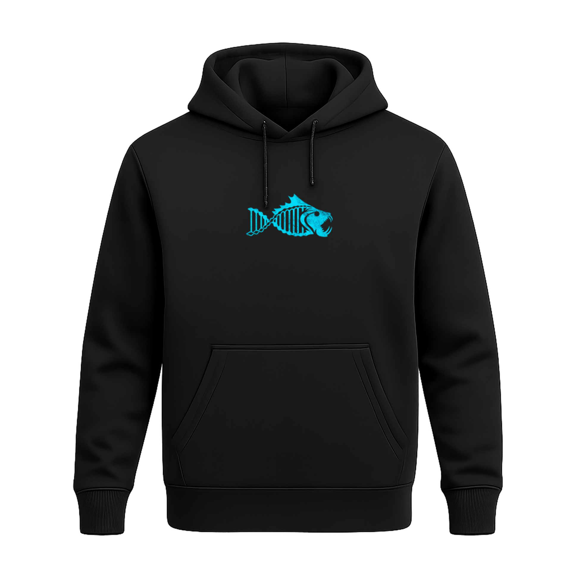 Black Salty DNA Originals Summer Hoodie with neon blue chest logo, front view