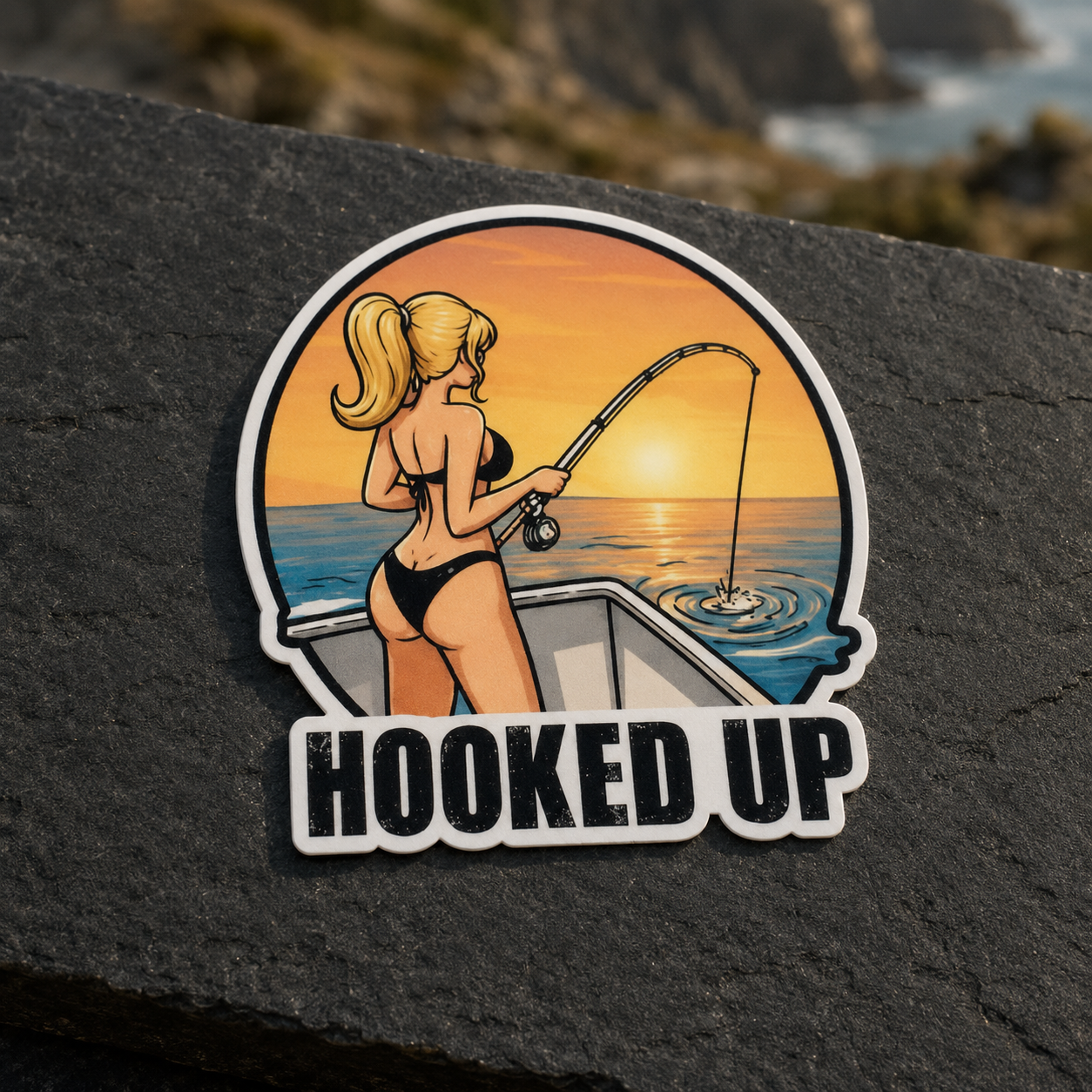 Salty Girls Hooked Up sticker displayed on dark fabric