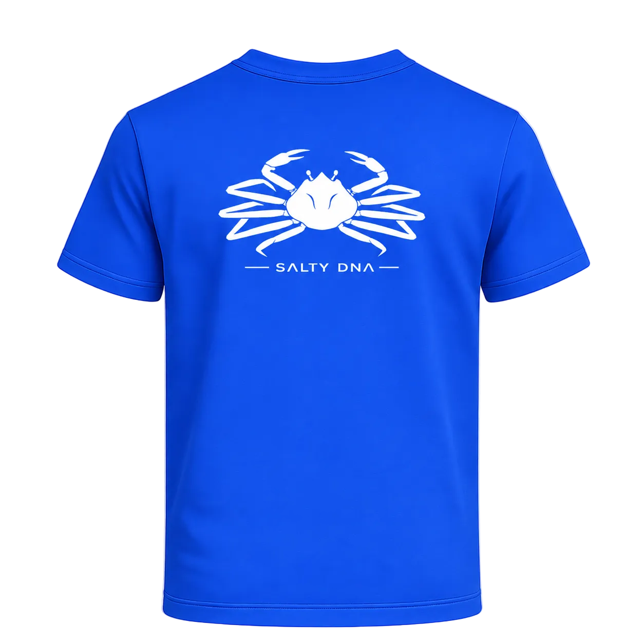 A bright blue short-sleeve t-shirt shown from the back, featuring a white graphic of a crab and the text 'SALTY DNA' printed on the center back. The background is a transparent checkerboard pattern.