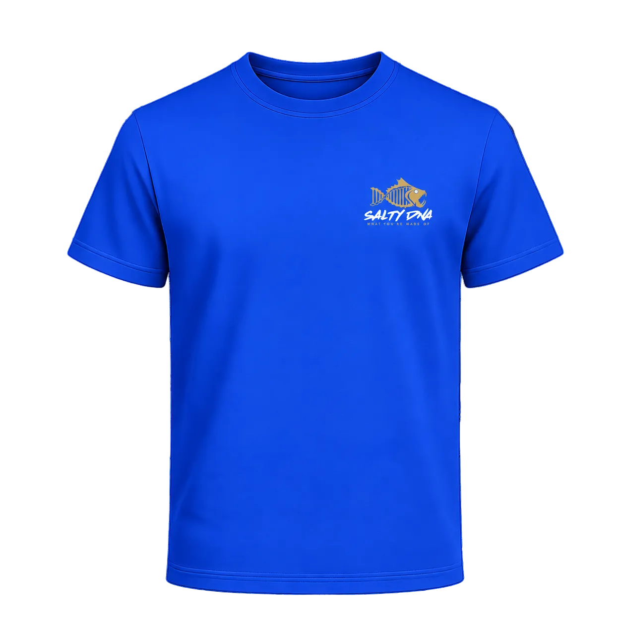 A bright blue short-sleeve crewneck t-shirt with a small yellow and white 'Salty Dog' logo printed on the left chest, shown against a solid black background.