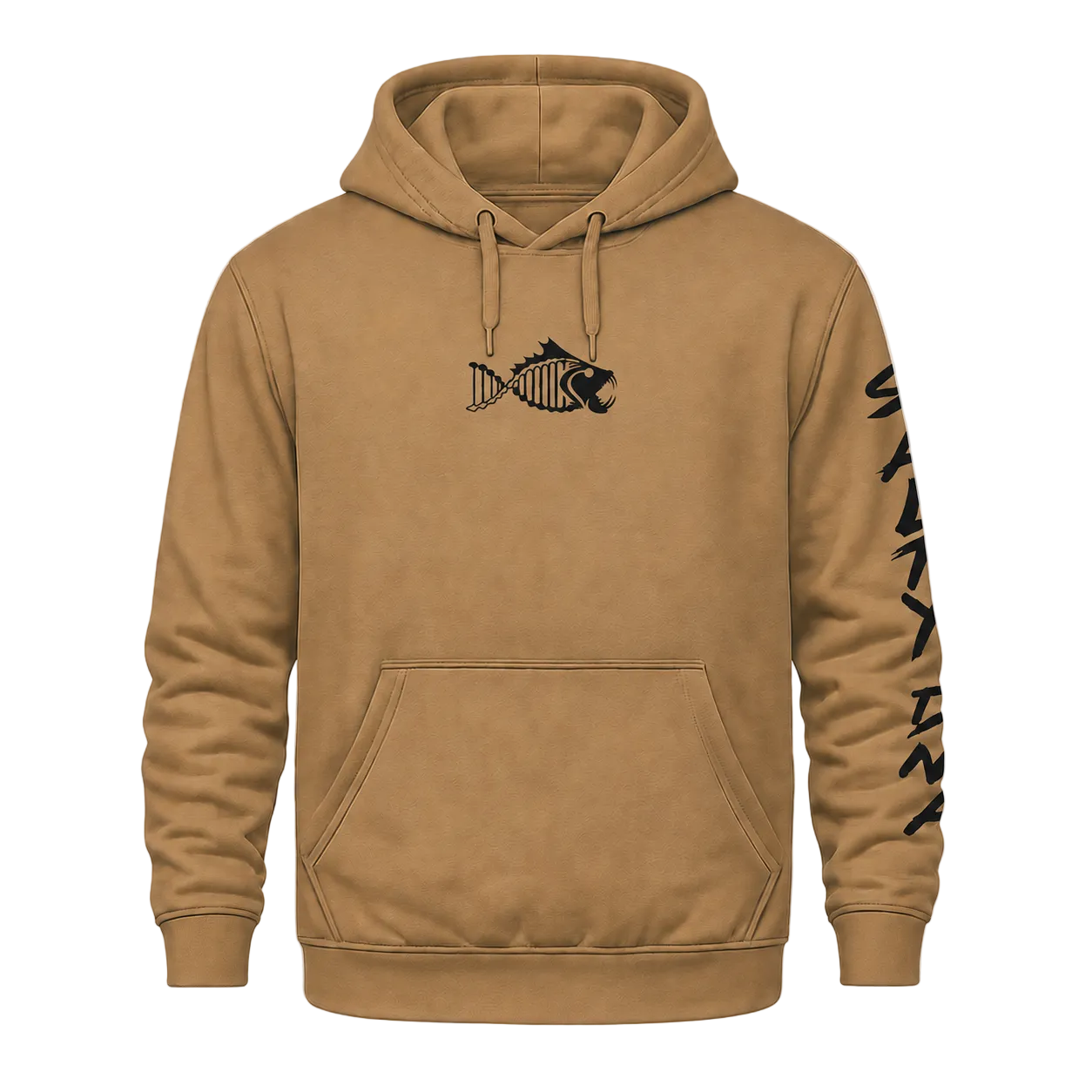 A tan pullover hoodie with a black fish skeleton graphic on the left chest and black vertical text graphics on the right sleeve, shown on a transparent checkered background.