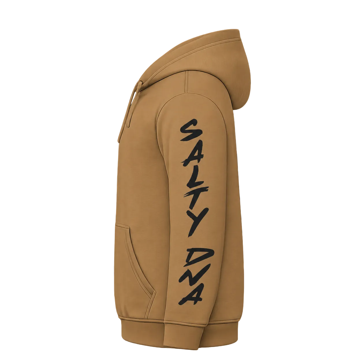 A tan zip-up hoodie shown in side profile against a solid black background, featuring the text 'SALTY DNA' printed vertically in black on the right sleeve.