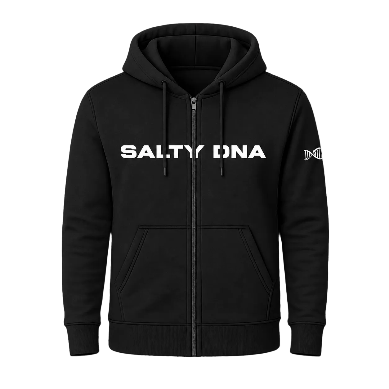 A black zip-up hoodie with 'SALTY DNA' printed in bold white letters across the chest and a small white logo on the right sleeve, shown against a solid black background.