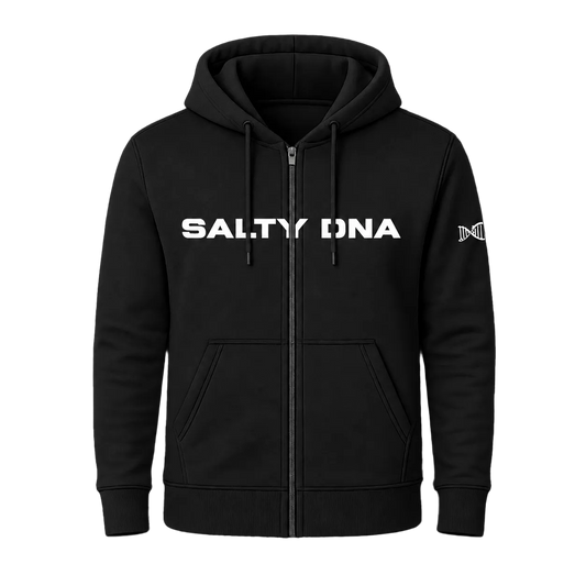 A black zip-up hoodie with 'SALTY DNA' printed in bold white letters across the chest and a small white logo on the right sleeve, shown against a solid black background.