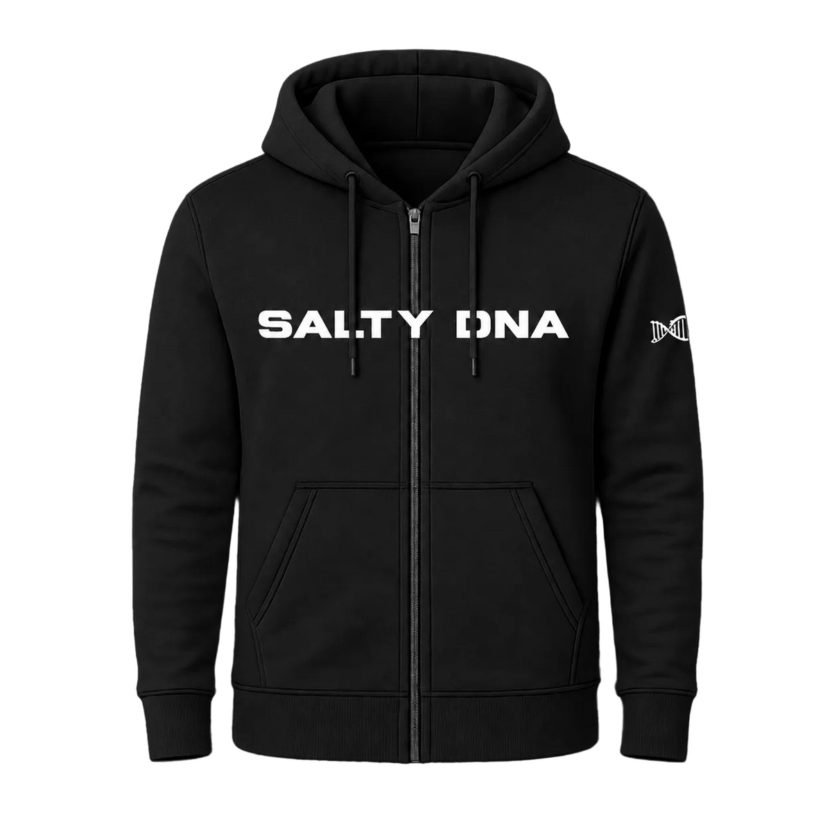 A black zip-up hoodie with 'SALTY DNA' printed in bold white letters across the chest and a small white logo on the left sleeve, shown on a plain white background.