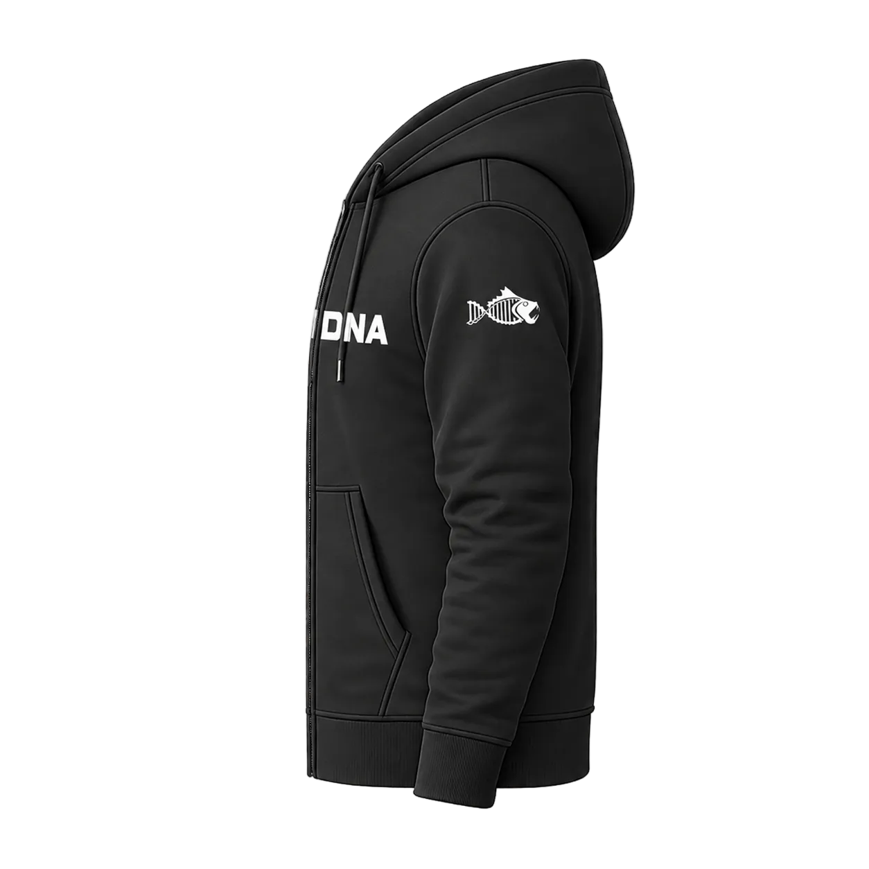 A black pullover hoodie shown in side profile on a transparent checkerboard background. The hoodie features white printed text reading 'DNA' on the front chest and a white fish-shaped logo on the upper sleeve.