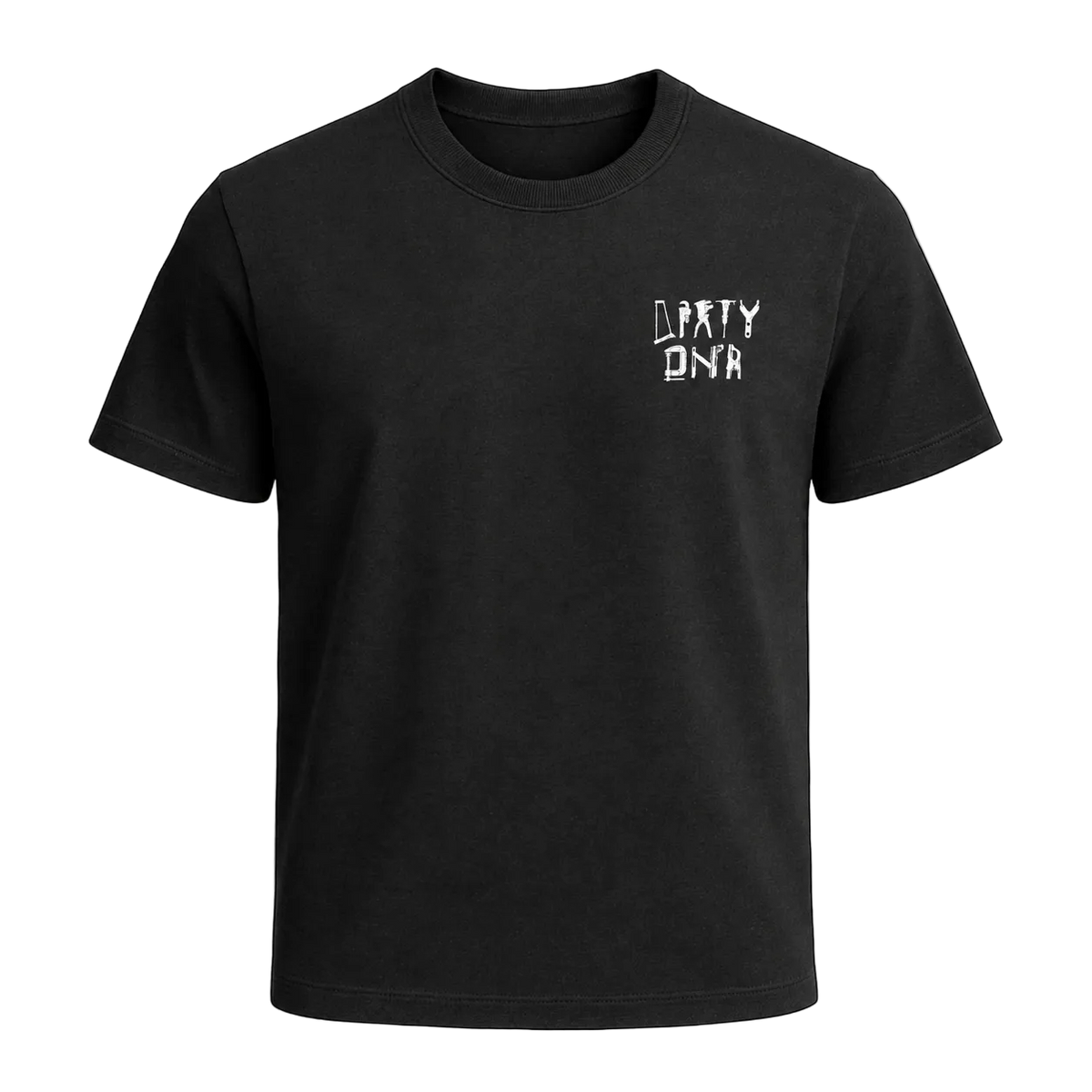 A black short-sleeve crewneck t-shirt with a small white graphic on the left chest reading 'DIRTY DNA' in a stylized font, displayed on a solid white background.