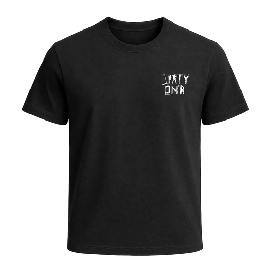 A black short-sleeve crewneck t-shirt with a small white graphic on the left chest reading 'DIRTY DNA' in a stylized font, displayed on a solid white background.