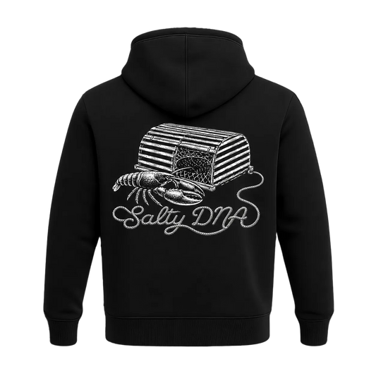 A black pullover hoodie shown from the back, featuring a white graphic print of a lobster and a striped treasure chest with the text 'Salty DNA'.
