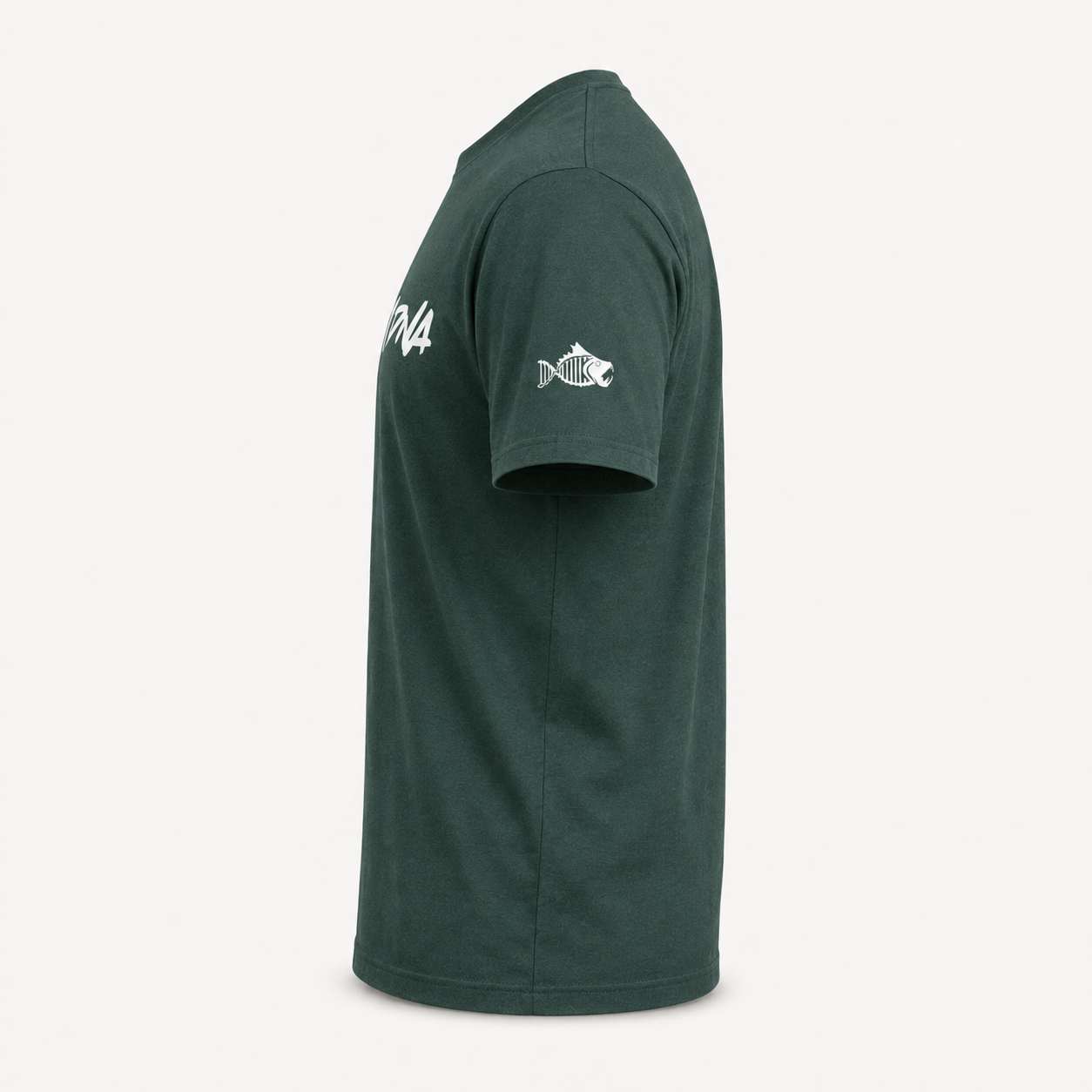 Heather Green Salty DNA Summer T-Shirt with fishbone sleeve graphic, side view