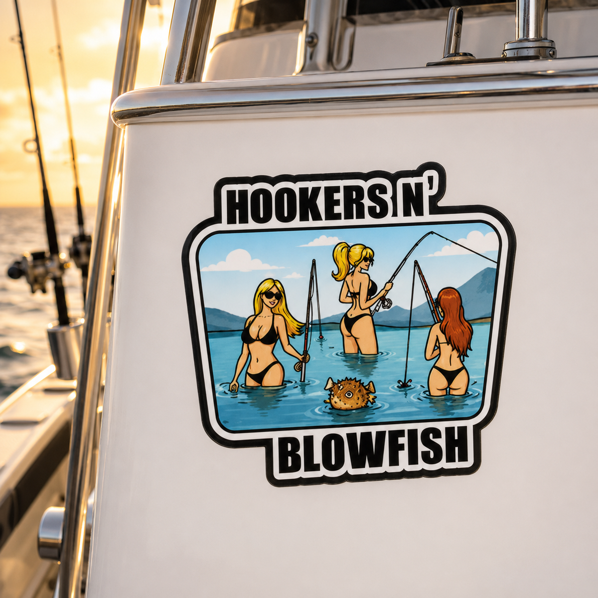 Hookers N' Blowfish sticker displayed on a boat