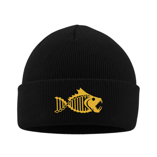 Black beanie with a yellow fish skeleton design on a white background
