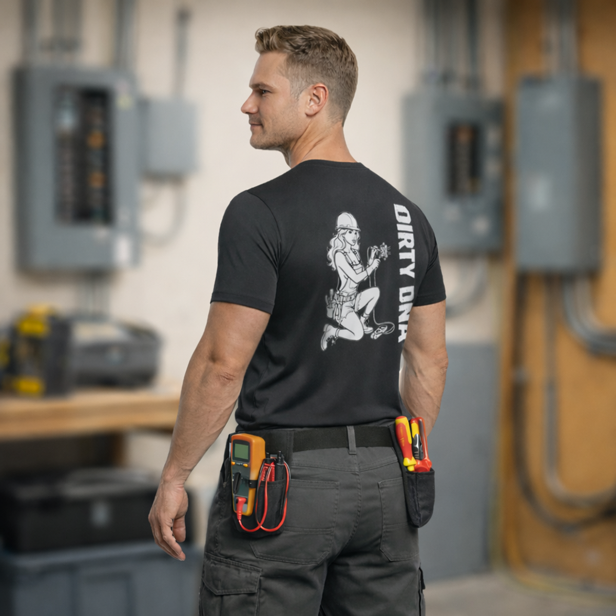 Model wearing the Dirty DNA Electrician Girl T-Shirt, back view