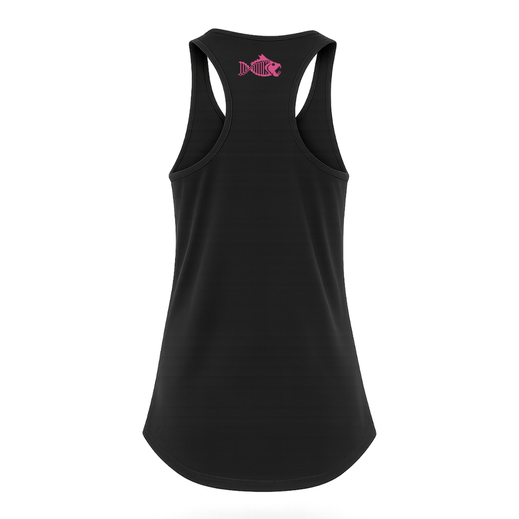 Back of black Salty DNA women's racerback tank top with pink fish logo