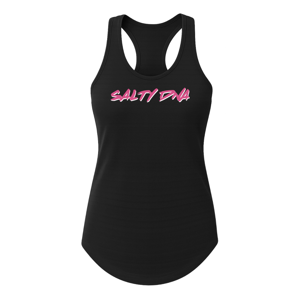 Black Salty DNA women's racerback tank top with pink logo, front view