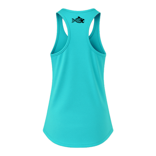 Back of turquoise Salty DNA women's racerback tank top