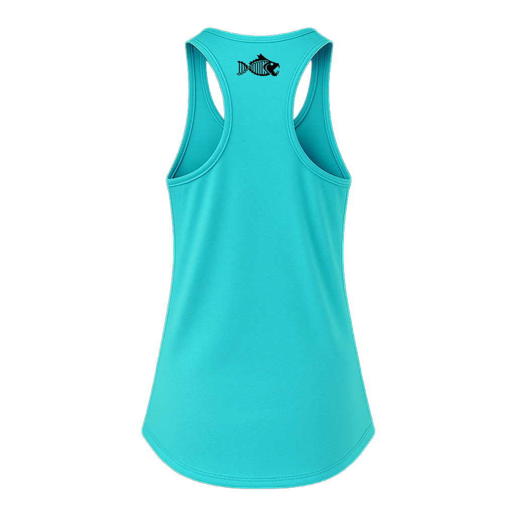 Back of turquoise Salty DNA women's racerback tank top
