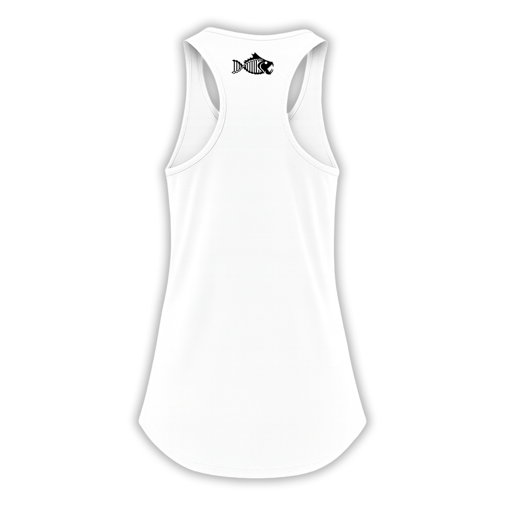 Back of white Salty DNA women's racerback tank top