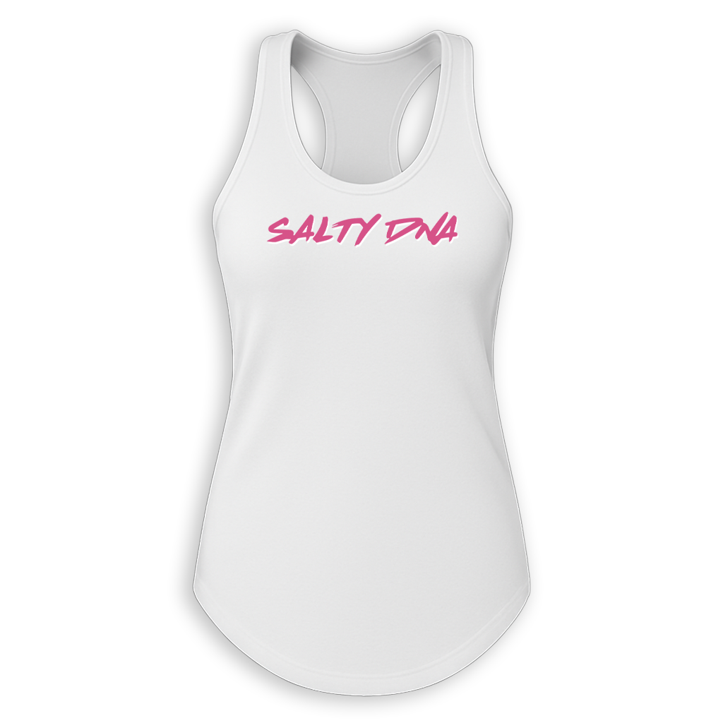 White Salty DNA women's racerback tank top with pink logo, front view