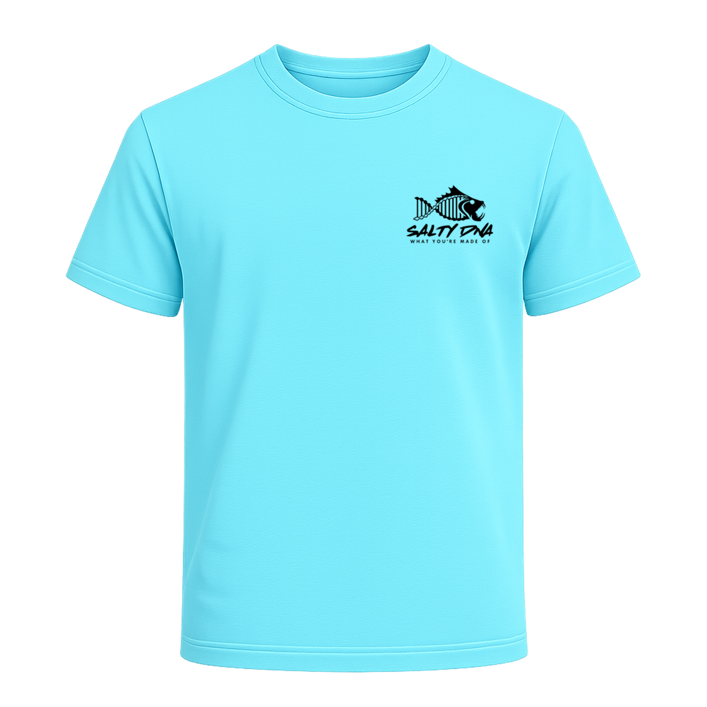 Light blue t-shirt with a black logo on a white background