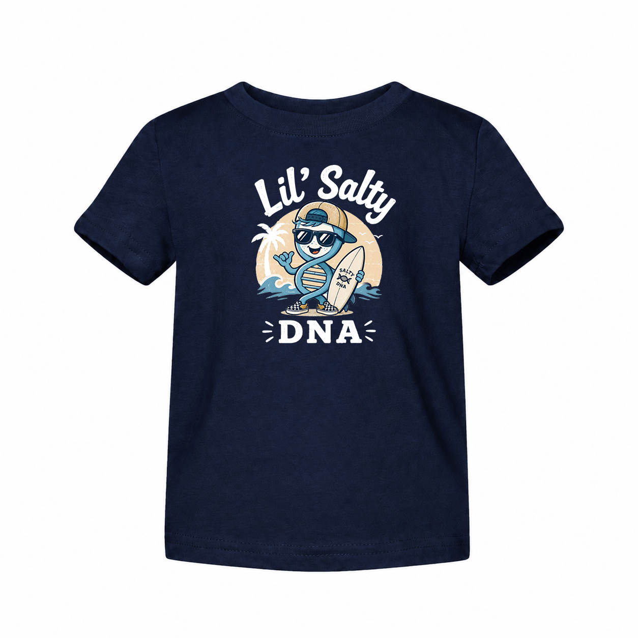 Navy Lil Salty DNA toddler T-shirt with coastal surf character graphic