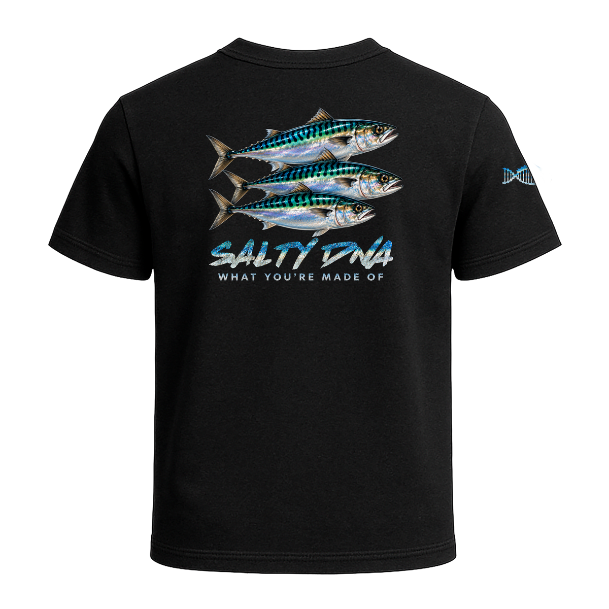 Back of black Salty Species Atlantic Mackerel T-shirt with Atlantic mackerel artwork and Salty DNA lettering