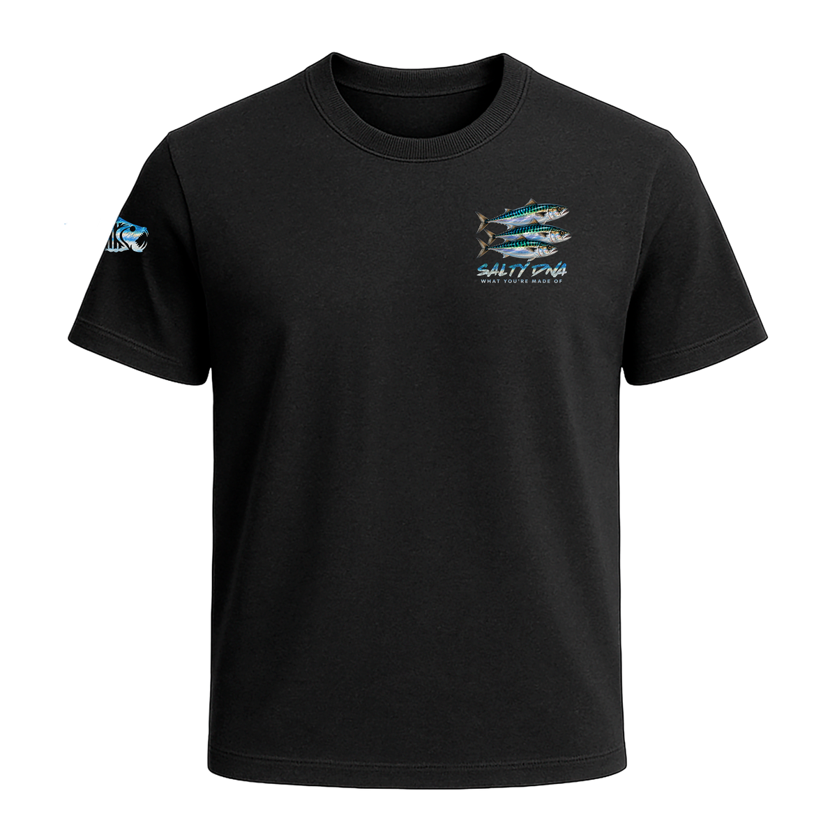 Front of black Salty Species Atlantic Mackerel T-shirt with small chest graphic