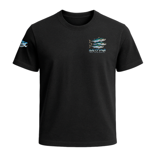 Front of black Salty Species Atlantic Mackerel T-shirt with small chest graphic
