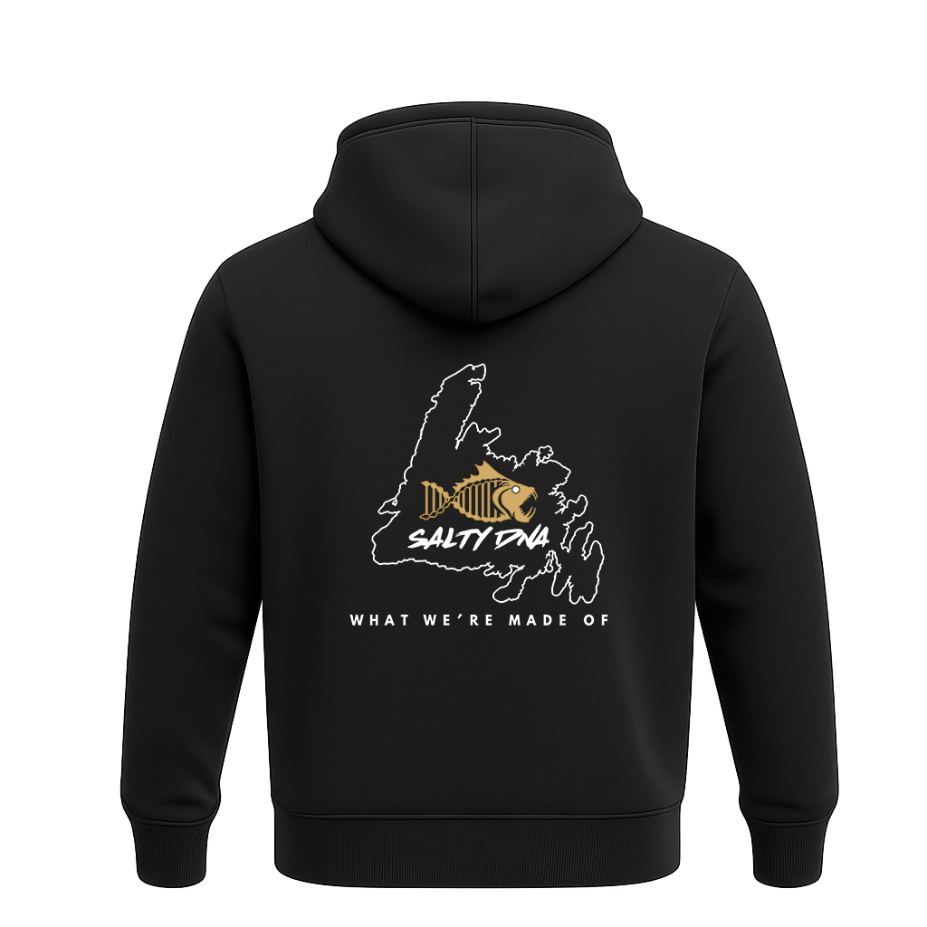 Back of black Salty DNA Originals Newfoundland Map hoodie with white island outline and gold fish logo
