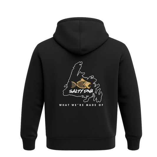 Back of black Salty DNA Originals Newfoundland Map hoodie with white island outline and gold fish logo