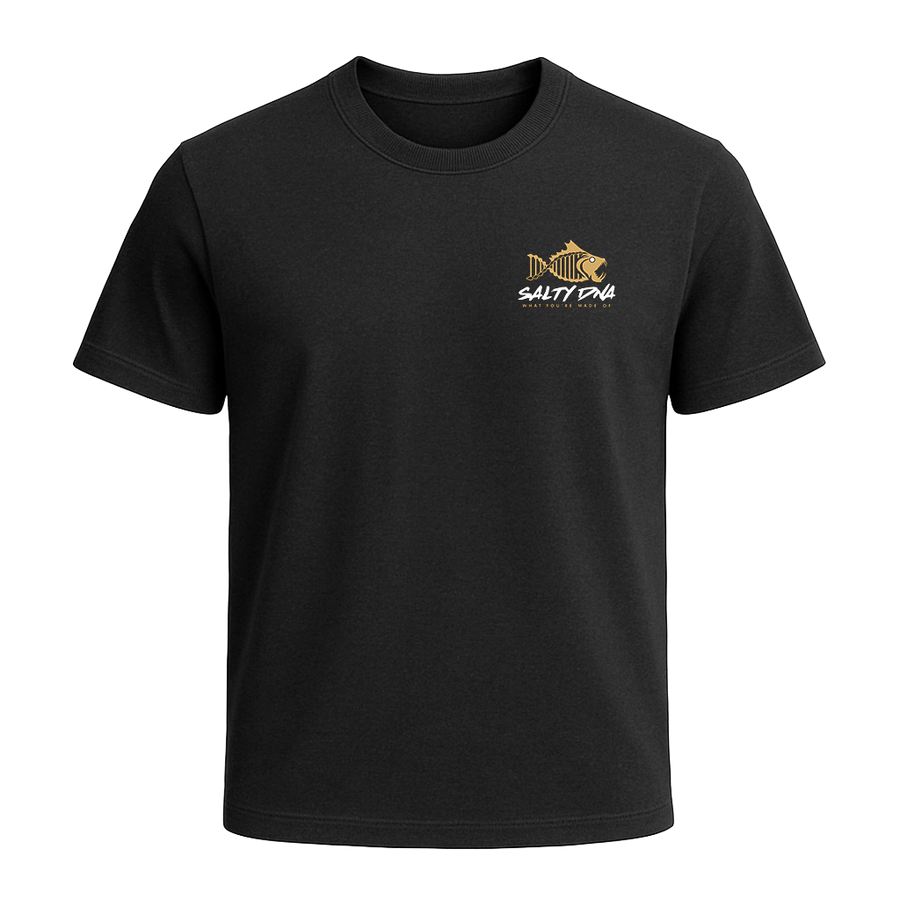 Black Salty DNA Originals T-shirt with gold chest logo, front view