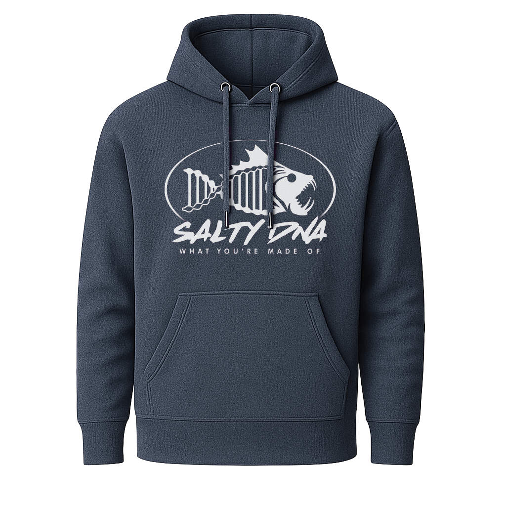 Navy Salty DNA youth hoodie with white fish logo, front view