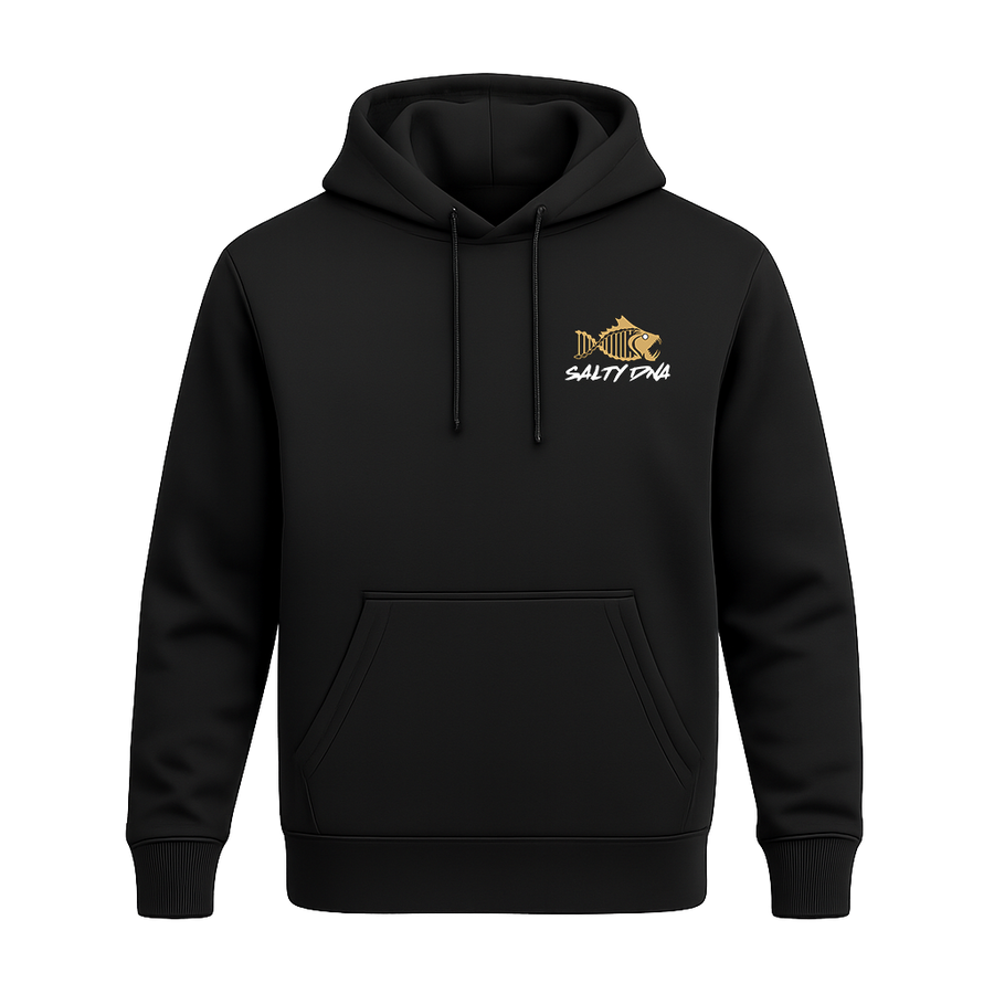 Black Salty DNA Originals hoodie with gold chest logo, front view