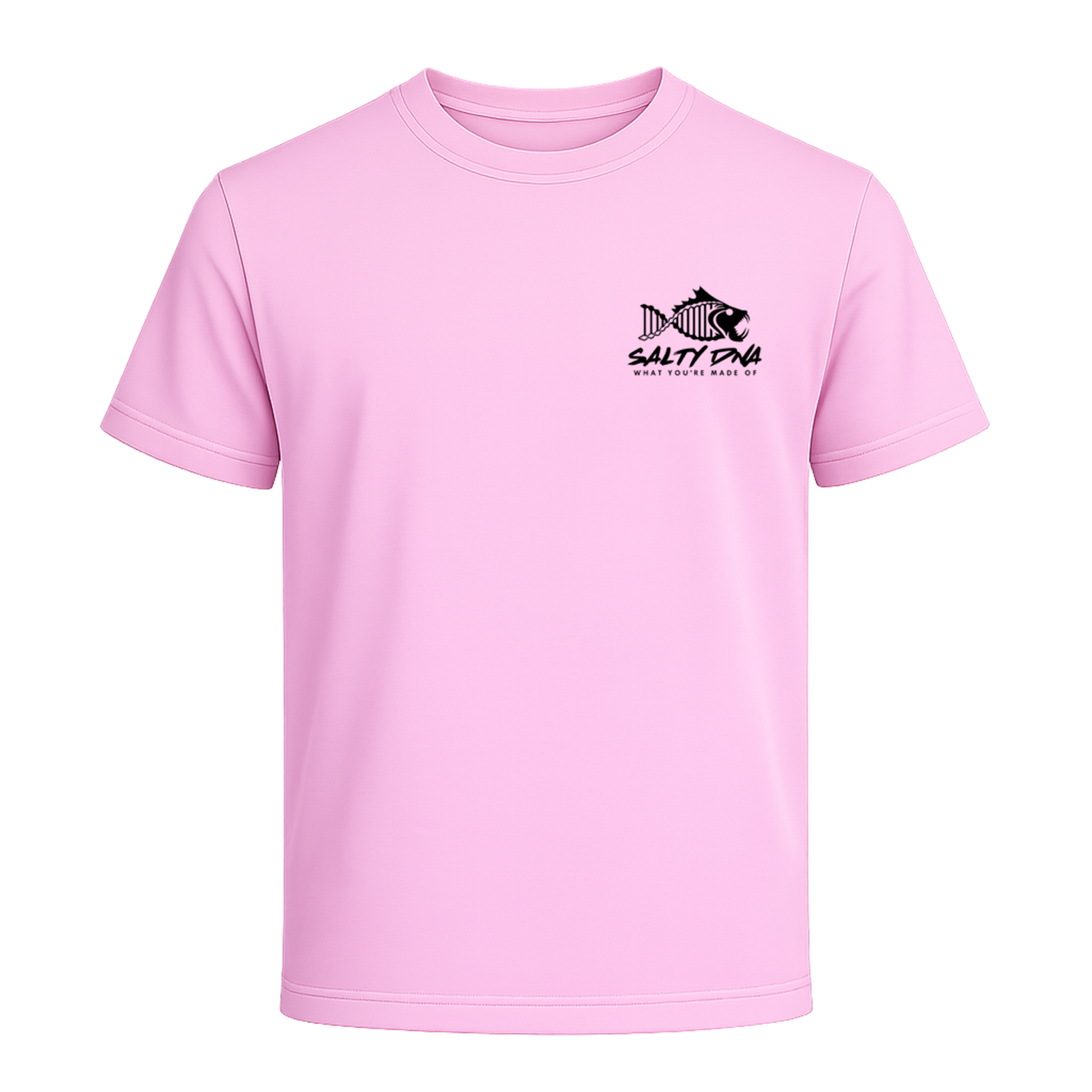 Pink t-shirt with a logo on the chest against a white background