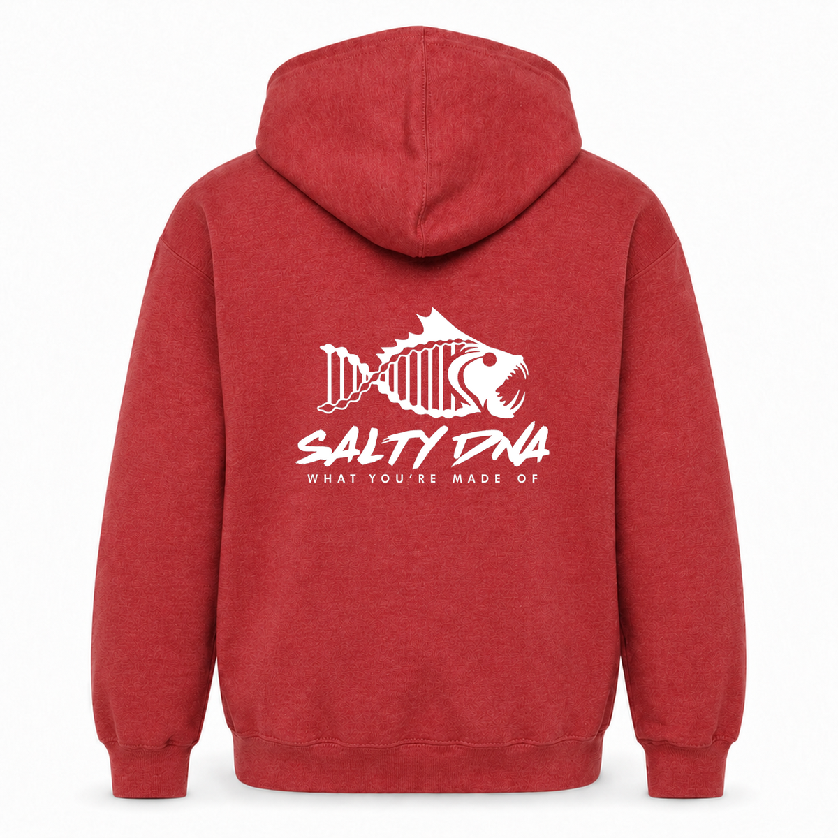 Heather Red Salty DNA Originals youth pullover hoodie, back view with large white fish-skeleton logo