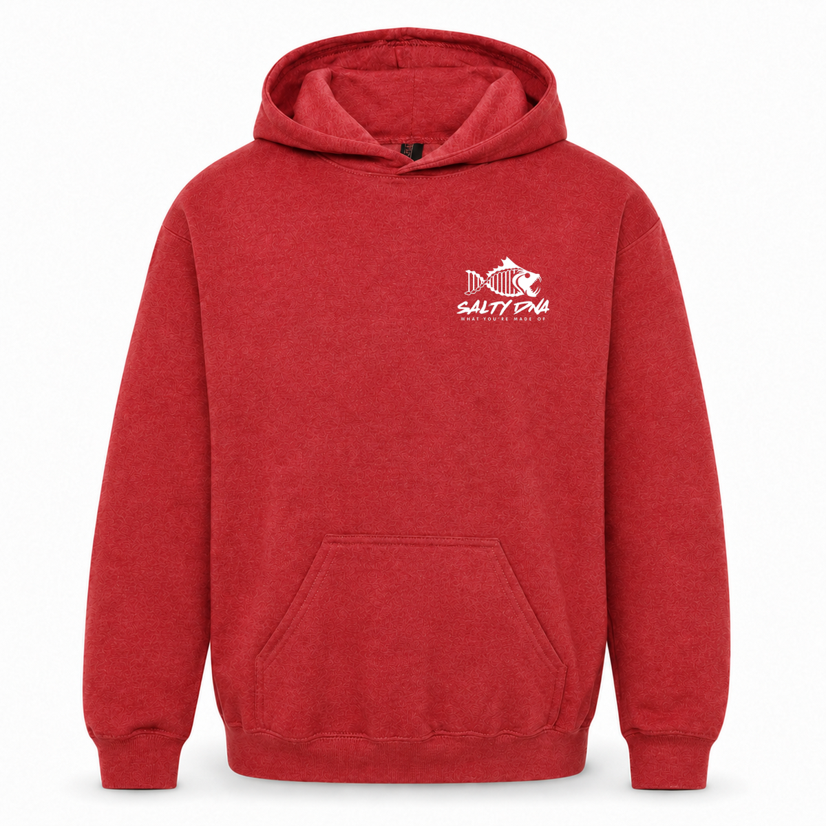 Heather Red Salty DNA Originals youth pullover hoodie, front view with white chest logo