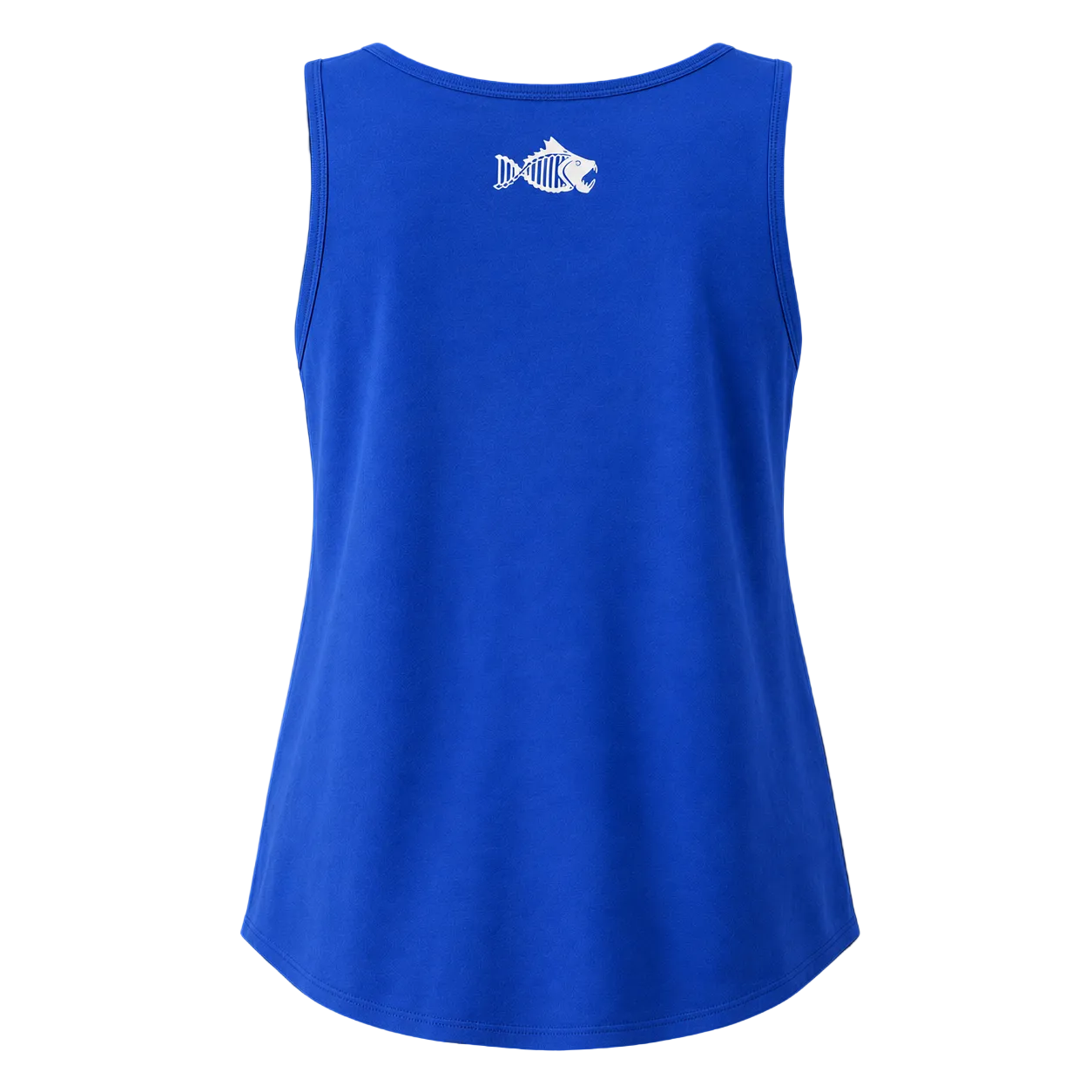 A royal blue sleeveless tank top with a small white stylized fish graphic printed on the upper chest, displayed against a solid black background.