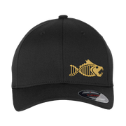 Black Salty DNA Flexfit cap with gold fish skeleton logo, front view
