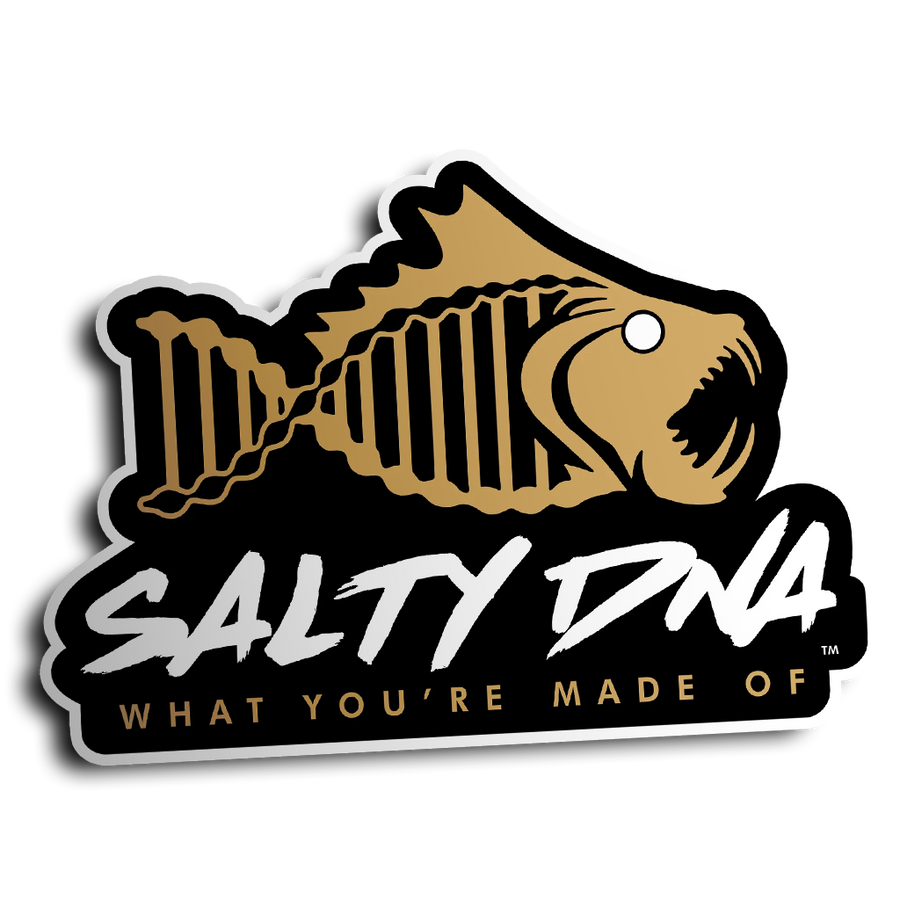 Salty DNA Originals fish skeleton logo sticker in black and gold