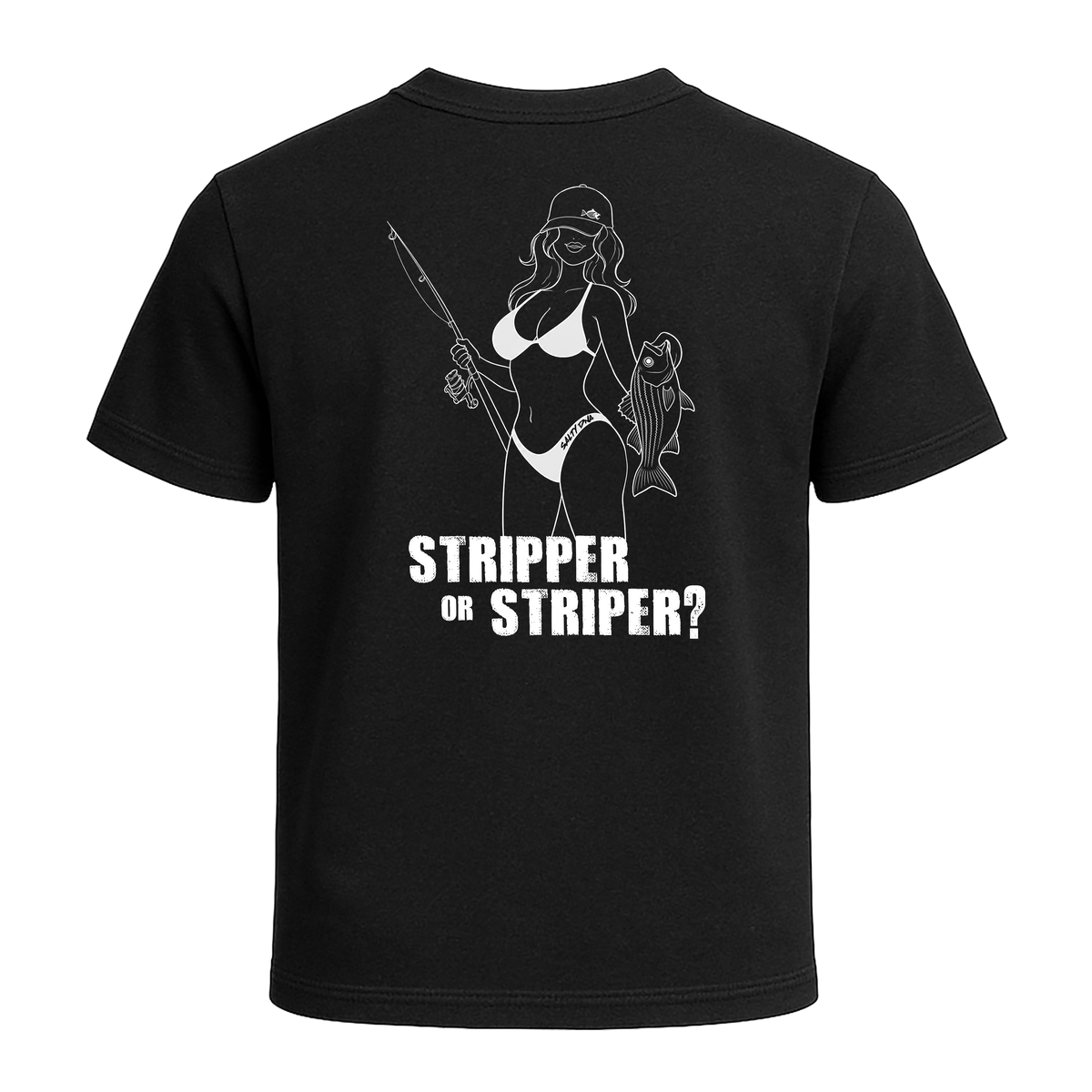 Back of black Salty Girls Stripper or Striper T-shirt