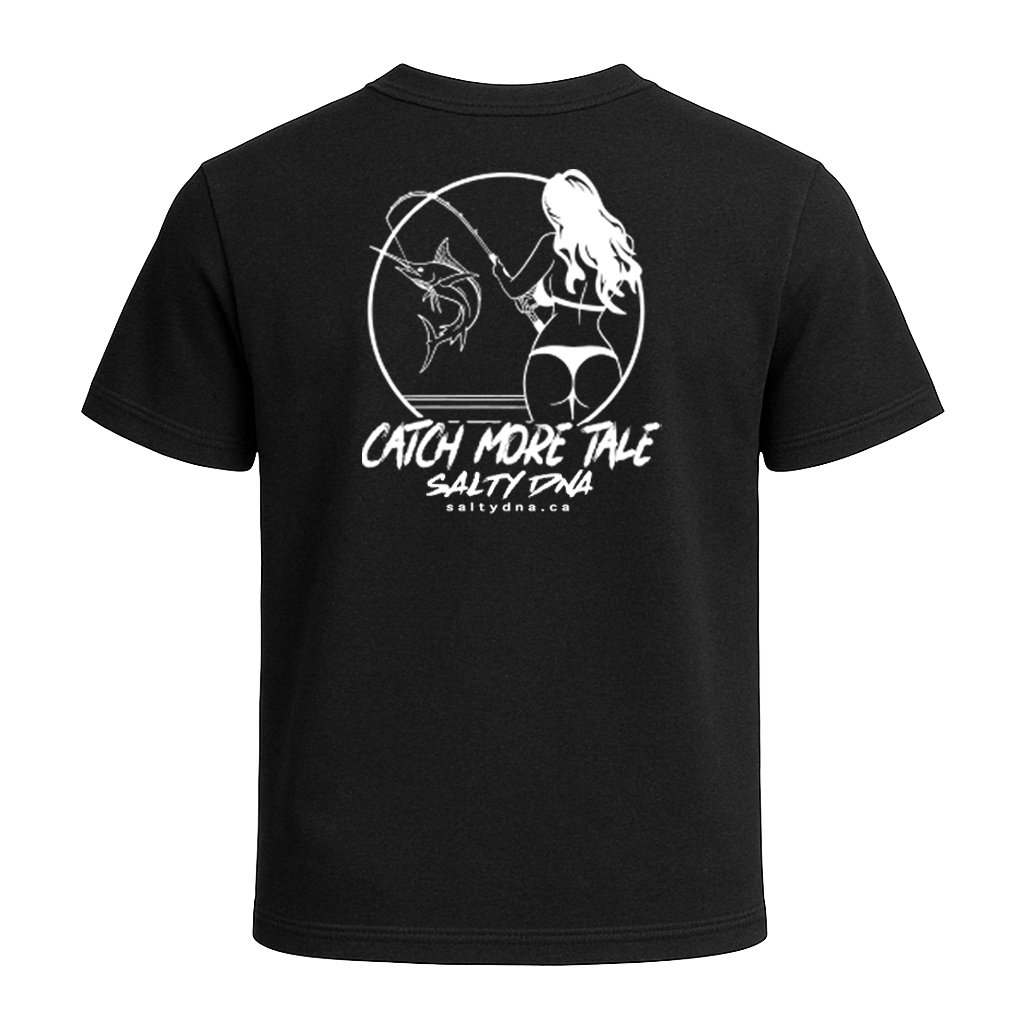 Back of black Catch More Tale Salty DNA women's T-shirt