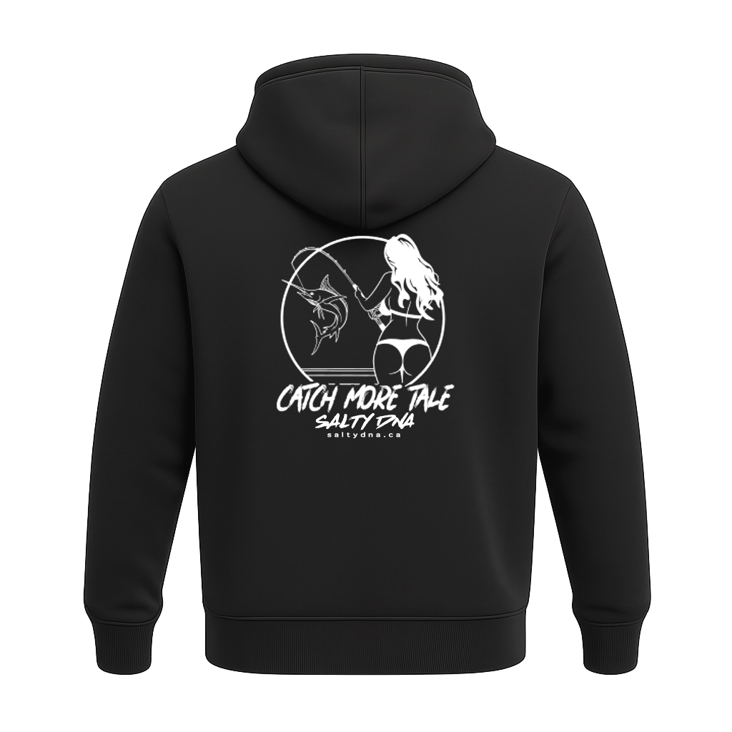 Back of black Catch More Tale Salty DNA hoodie