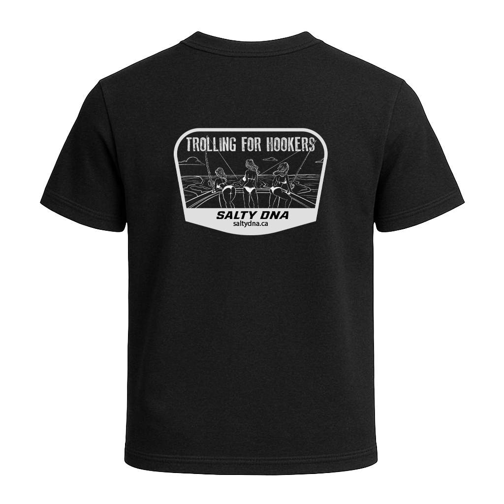 Back of black Trolling for Hookers Salty DNA T-shirt